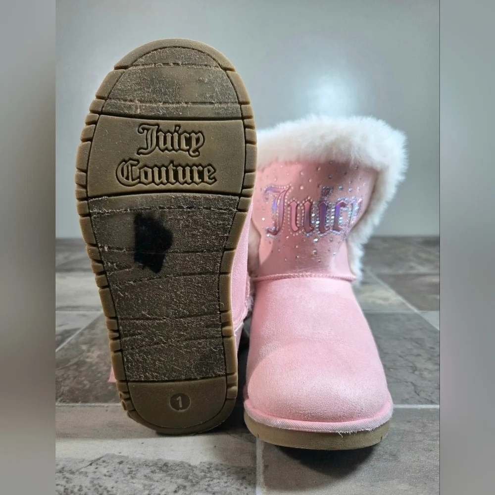 JUICY COUTURE COZY FAUX FUR COZY RHINESTONE BOOTS.